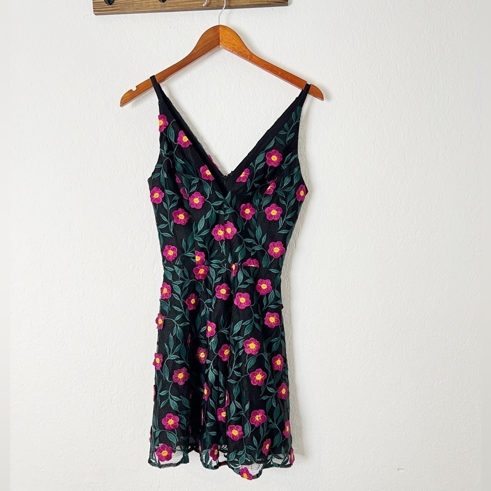 Dress the Population Black Mini Dress with Pink Floral Embroidery